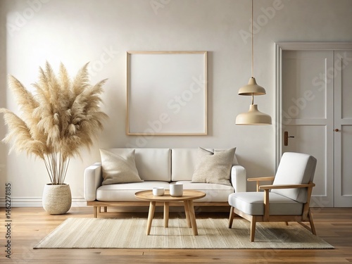 Minimalist Living Room: White Canvas, Natural Wood, Pampas Grass - Vintage Photo