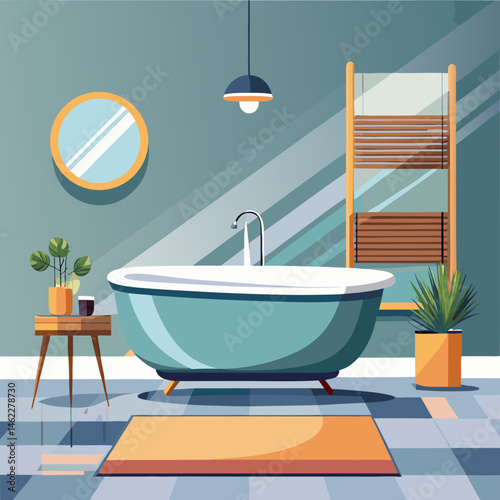 A professional vector of a contemporary oval freestanding tub in a minimal bathroom setting, placed on a solid light gray background