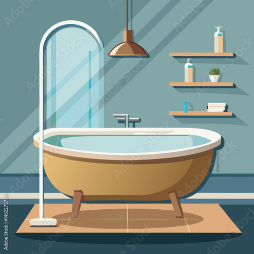 A professional vector of a contemporary oval freestanding tub in a minimal bathroom setting, placed on a solid light gray background