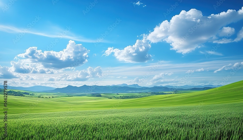 Fototapeta premium Green Field Panorama Under Sunny Sky