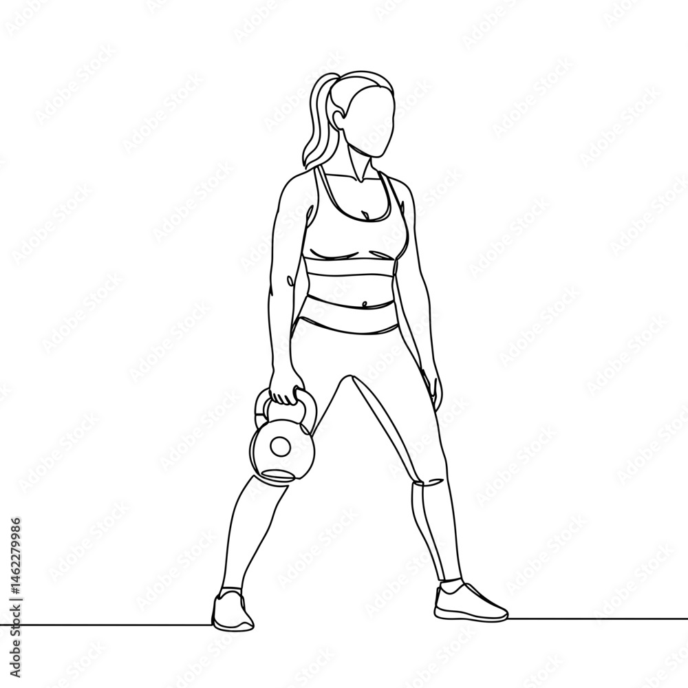 Fototapeta premium Woman lifting kettlebell in fitness attire against plain background 