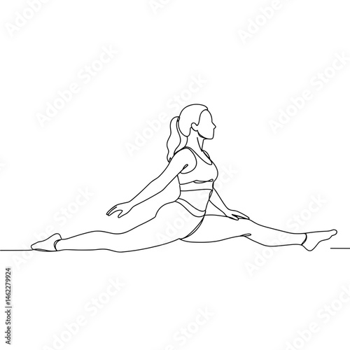 Woman in split position practicing yoga in a minimalist style  
