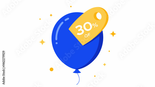 Popping Prices A closeup of a blue balloon bursting to reveal a shiny gold tag that reads 30% OFF with sparkling effects to emphasize excitement.