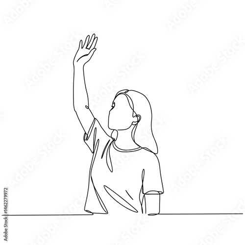 Young woman raising hand in a line art style for job candidate concept  