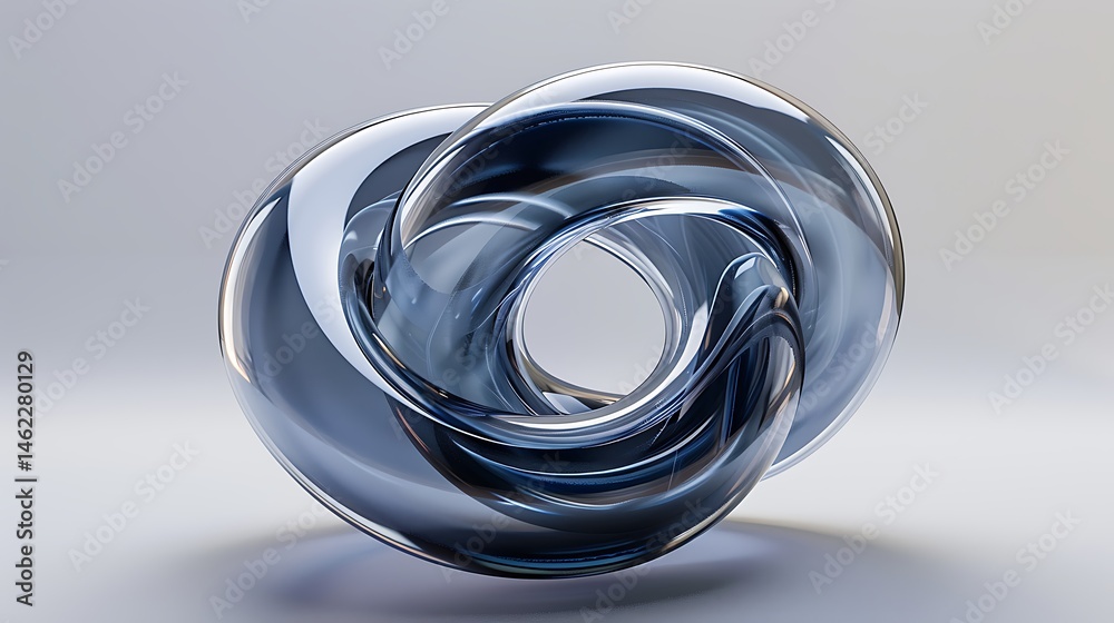 Elegant, transparent glass sculpture of an intertwined torus knot or abstract circular form on a light reflective surface. Modern.
Elegant, transparent glass sculpture of an intertwined torus knot or abstract circular form on a light reflective surface. Modern.