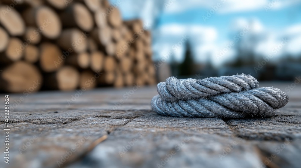 Gray rope coiled on a paved surface, with a stack of logs in the background Gray rope coiled on a paved surface, with a stack of logs in the background