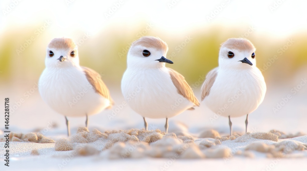Fototapeta premium Three small birds on a sandy beach