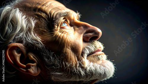 An old man looking up into the light. Extreme close up of face photo