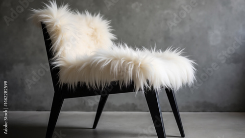 Sheepskin chair. Black chairs with white sheepskin cushions and backrests create a  minimalist and cozy atmosphere in the space