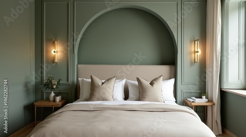 Quiet luxury style bedroom with a headboard niche painted muted sage green. 