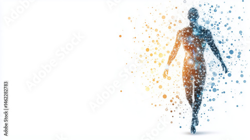 Digital representation of human figure composed of interconnected dots and lines, symbolizing technology and connectivity. figure is emerging from