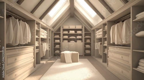 Attic Closet Interior Organized Clothes, Storage, and Skylights for fashion