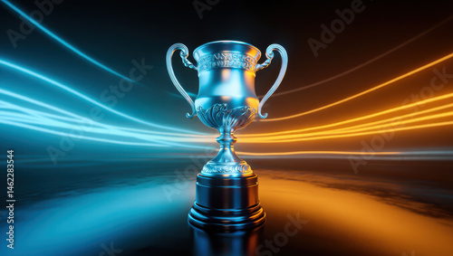 The trophies look animated and mysterious against the blue-orange light