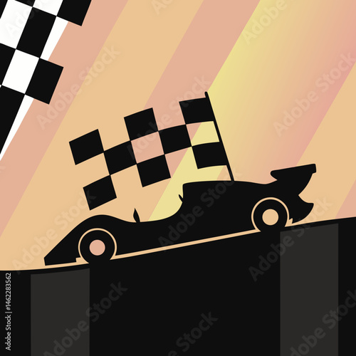 Grunge-style race car silhouette with checkered flag background, perfect for motorsport-themed digital art or apparel.