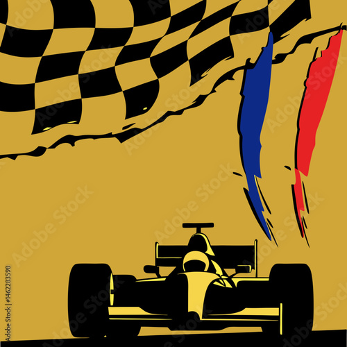Grunge-style race car silhouette with checkered flag background, perfect for motorsport-themed digital art or apparel.