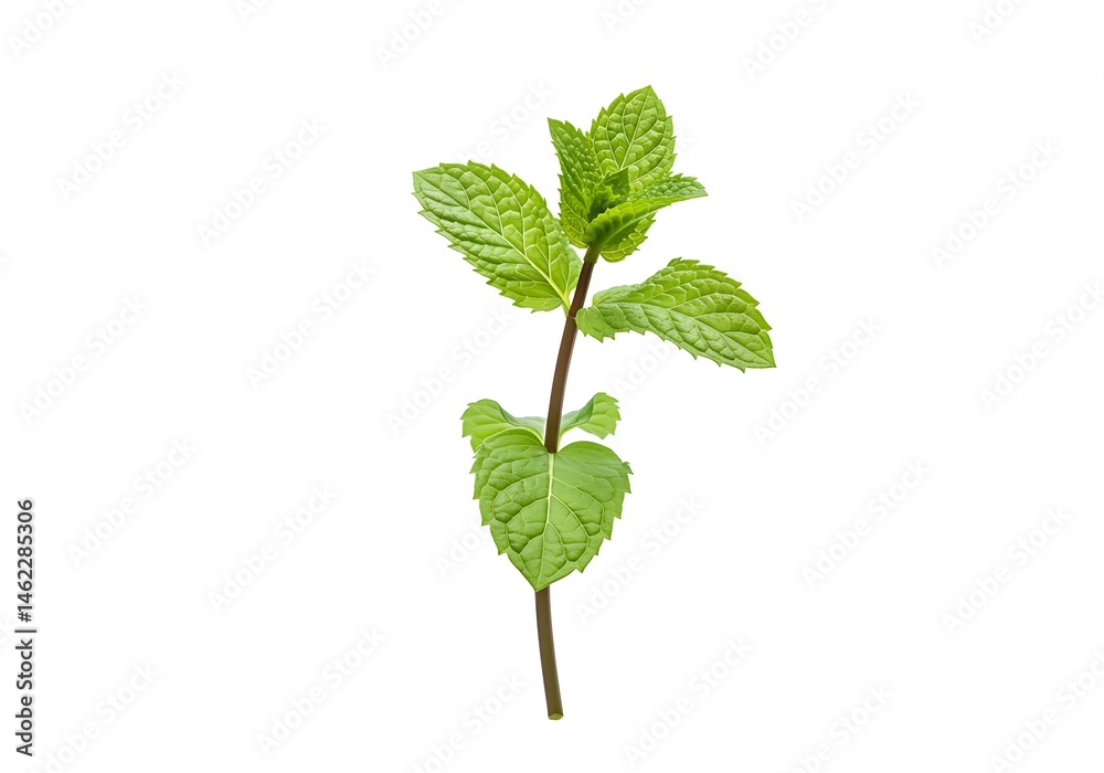Fototapeta premium A sprig of fresh green mint with vibrant leaves isolated on a clean white background in a studio shot