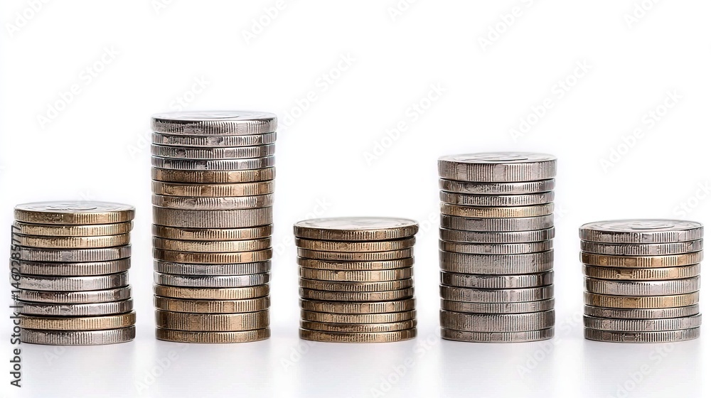 Several stacks of coins arranged in a rising pattern on a plain background. Several stacks of coins arranged in a rising pattern on a plain background.