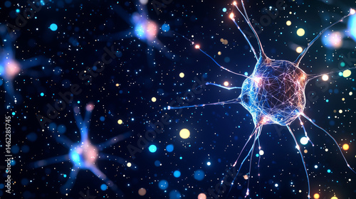 Glowing neural network with vibrant connections and particles in cosmic background creates mesmerizing visual experience
