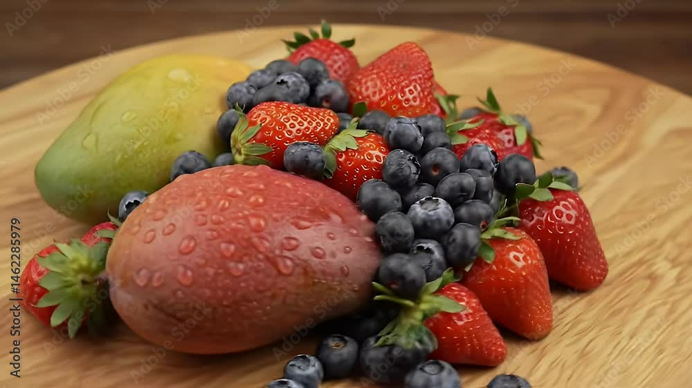 Juicy mangoes, strawberries, and blueberries on a wooden board