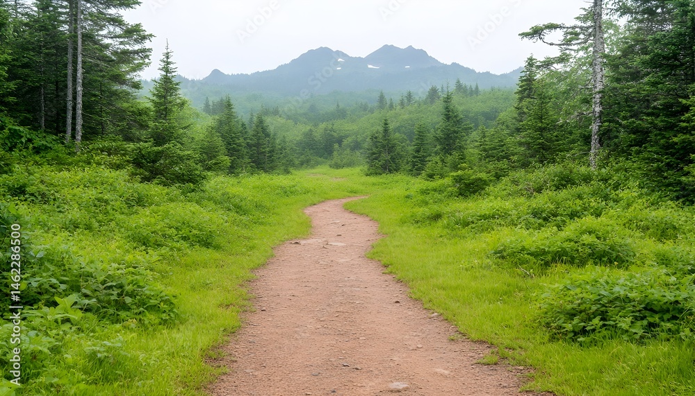 Fototapeta premium A winding dirt path through a lush green forest, leading towards misty mountains in the distance