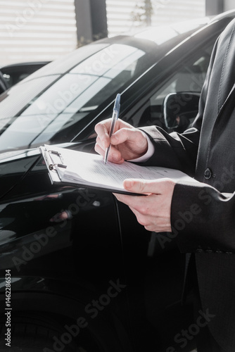 A car dealer standing and taking notes on a tablet, with a modern vehicle in the background. A professional scene showcasing the car sales process in a sleek showroom.