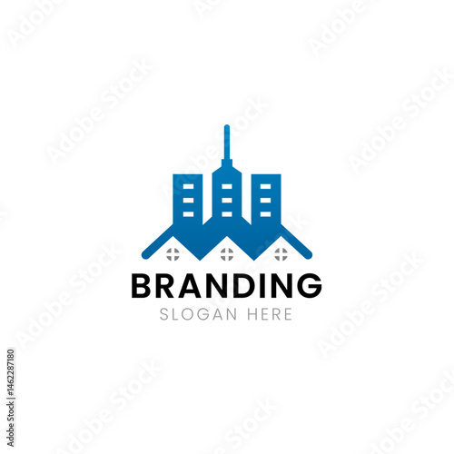 Real estate building and rooftop logo.