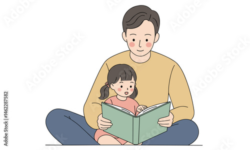 Dad and Daughter Reading Book Flat Color