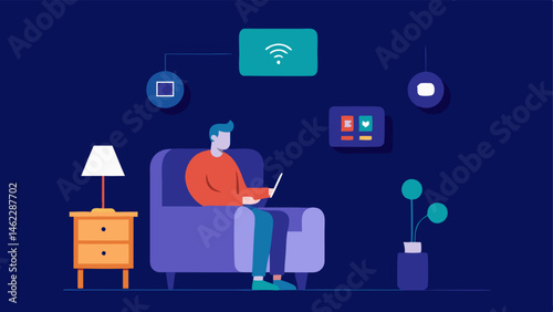 Living Room Control A person sitting in an armchair speaking to a smart device in the center of the room which simultaneously controls the lights TV and a smart thermostat.