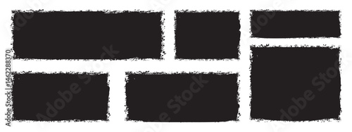 Set of paint brush grunge border frame. Vector black painted squares or rectangle shapes with ripped jagged borders on white background. Vintage grunge boxes for collage, text, banner, sticker design.