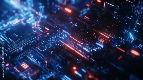 Abstract High Tech Circuit Board Animation with Glowing Lights and Data Transfer