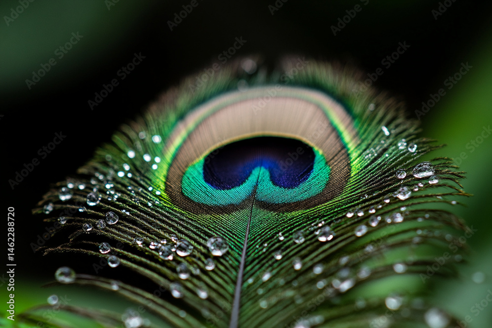 Naklejka premium Close-up view of a vibrant peacock feather adorned with dew droplets in a lush green environment