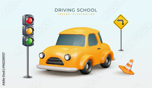 Driving School Or Traffic Education Vector Illustration. 3d Cartoon Yellow Car With Traffic Light, Road Sign And Cone For Concepts On Light Background. 
