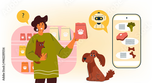Ai vet consultation. nutrition  pet food online selection concept illustration. Woman use artificial intelligence robot consultant for balanced dog. Vector flat cartoon illustration.