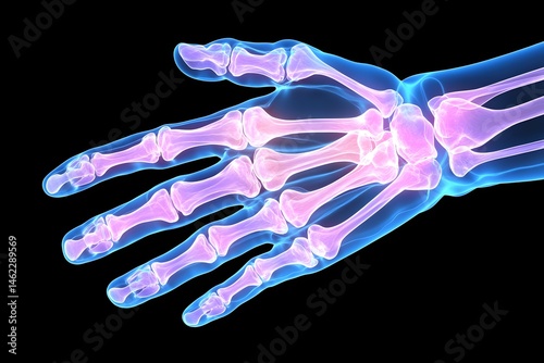 Detailed anatomical rendering of a human hand's skeletal structure, highlighting bones and joints with a translucent effect against a black background