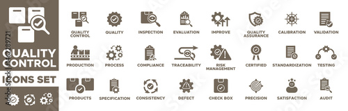 Quality control icon set. inspection, evaluation, product, quality assurance, defect. audit, products, improve, quality, calibration, process, testing and more. Solid vector icons collection. editable