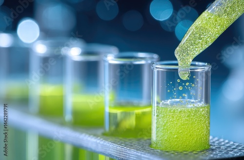 Green liquid being dispensed into test tubes in a laboratory setting