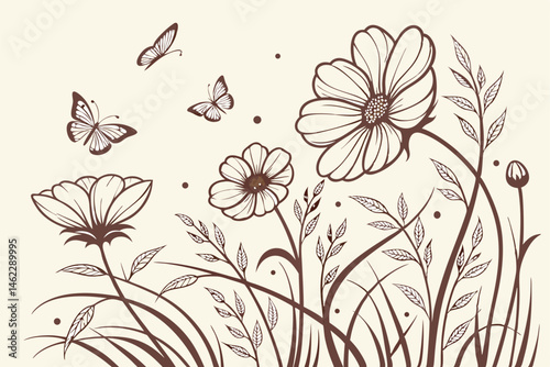9 Delicate floral illustration, vintage botanical sketch, monochromatic sepia tones, blooming cosmos flowers, detailed petals, fluttering butterflies, whimsical garden scene, intricate line work, soft