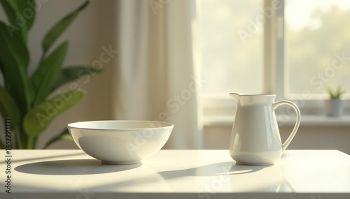 Wallpaper Mural Sunlit empty bowl and pitcher on pristine table, still life, weight loss Torontodigital.ca