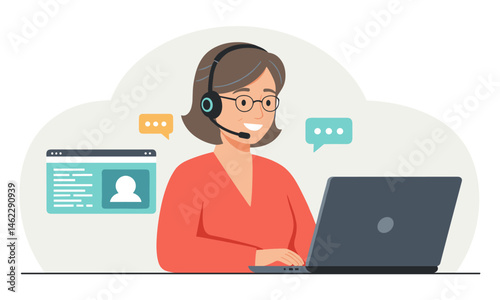 Flat Vector or Customer Service Agent Assisting on a Laptop