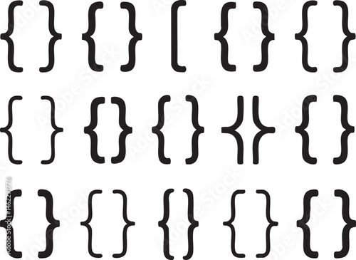Set of Black Curly Brackets Icons, Collection of Decorative Brace Symbols, Assorted Typography Elements for Code Design, Graphic Templates, Math Notation,