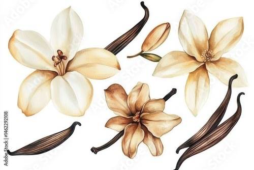 Exotic Illustrations Showcasing the Delicate Beauty of Vanilla Flowers.