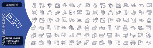 Credit, Loans and Mortgages web icons in outline style. Credit card, deposit, car leasing, rate interest, calculator, income, rating, collection. Editable stroke outline icon.