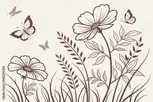 9 Delicate floral illustration, vintage botanical sketch, monochromatic sepia tones, blooming cosmos flowers, detailed petals, fluttering butterflies, whimsical garden scene, intricate line work, soft