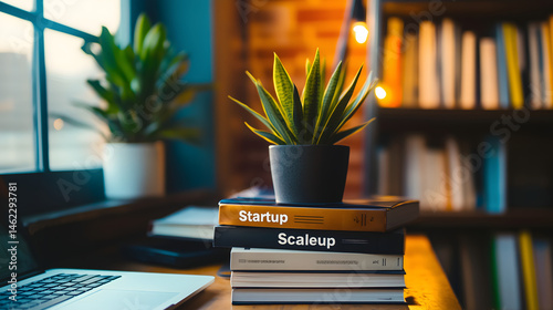 Modern Office Workspace with Books Plant and Laptop Startup and Scaleup Concept photo
