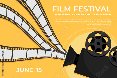 Film festival banner template design with movie camera showing filmstrips. Cinema movie film concept. Vector illustration