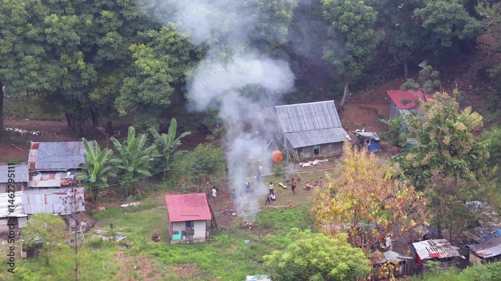Aerial view of the rural house and the yard fooc cooking outside on the fire Labuan Bajo Indonesia