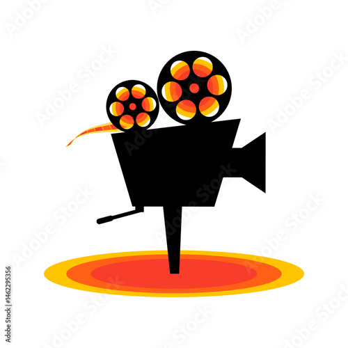 Retro movie camera silhouette with unwinding filmstrip. Movie concept. Vector illustration
