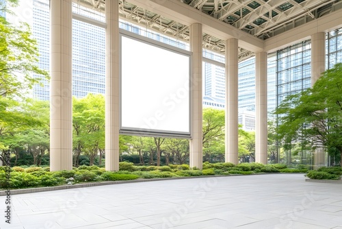 Outdoor space with blank billboard, greenery, modern building backdrop, bright