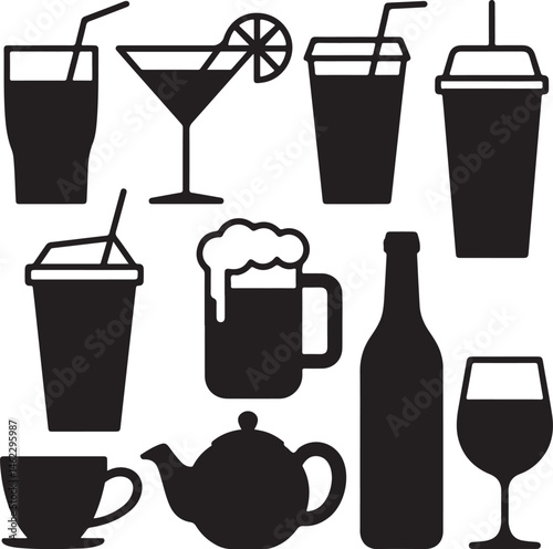 Refreshing Beverage Glass Silhouette

Coffee Cup with Steam Vector Design

Cocktail Glass with Umbrella Silhouette

Juice Bottle Minimal Line Art

Cheers Glasses Clinking Vector