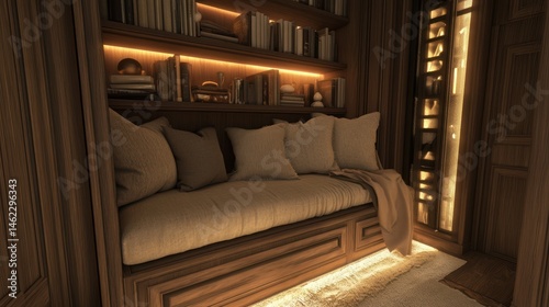 Cozy library nook with built-in seating, warm lighting, and books